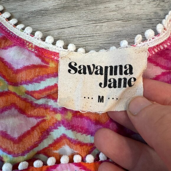 Savanna Jane Multicolor Embroidered Short Sleeve Blouse Pom Trim F39 - Picture 2 of 5
